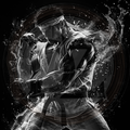 Black and white illustration of a martial artist in action with dynamic water effects.