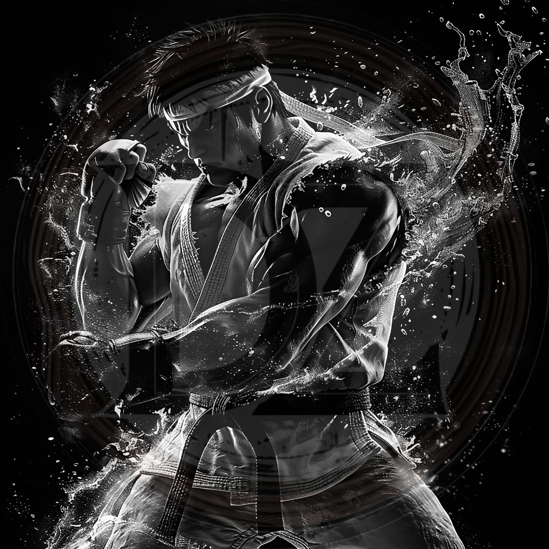 Black and white illustration of a martial artist in action with dynamic water effects.
