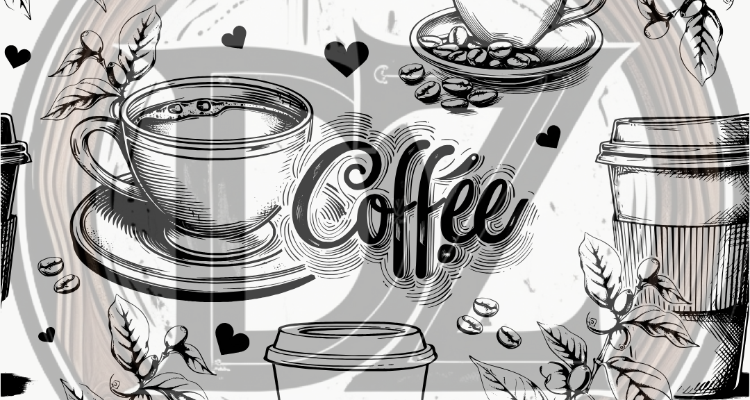 Black and white illustration of coffee-themed items with 'Coffee' text in the center.