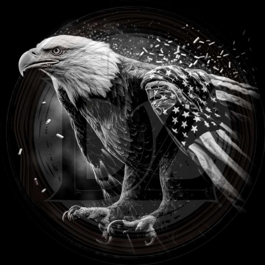 Black and white illustration of an eagle with an American flag on its chest