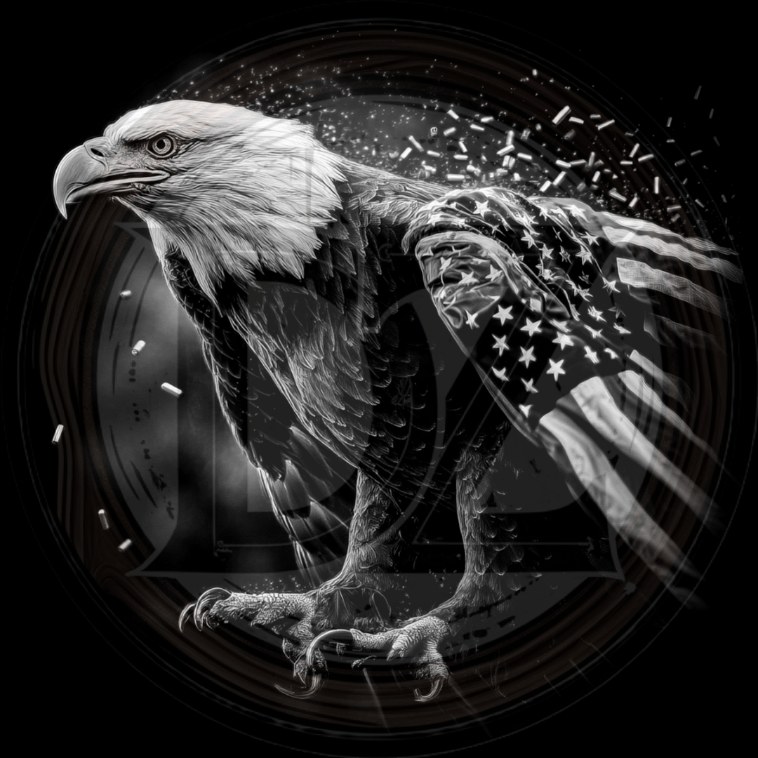 Black and white illustration of an eagle with an American flag on its chest