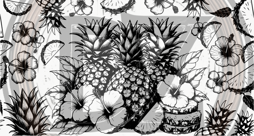 Black and white illustration of pineapples and tropical flowers