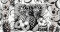 Black and white illustration of pineapples and tropical flowers
