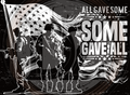 Black and white illustration of soldiers with an American flag and text 'All Gave Some, Some Gave All' on a dark background.