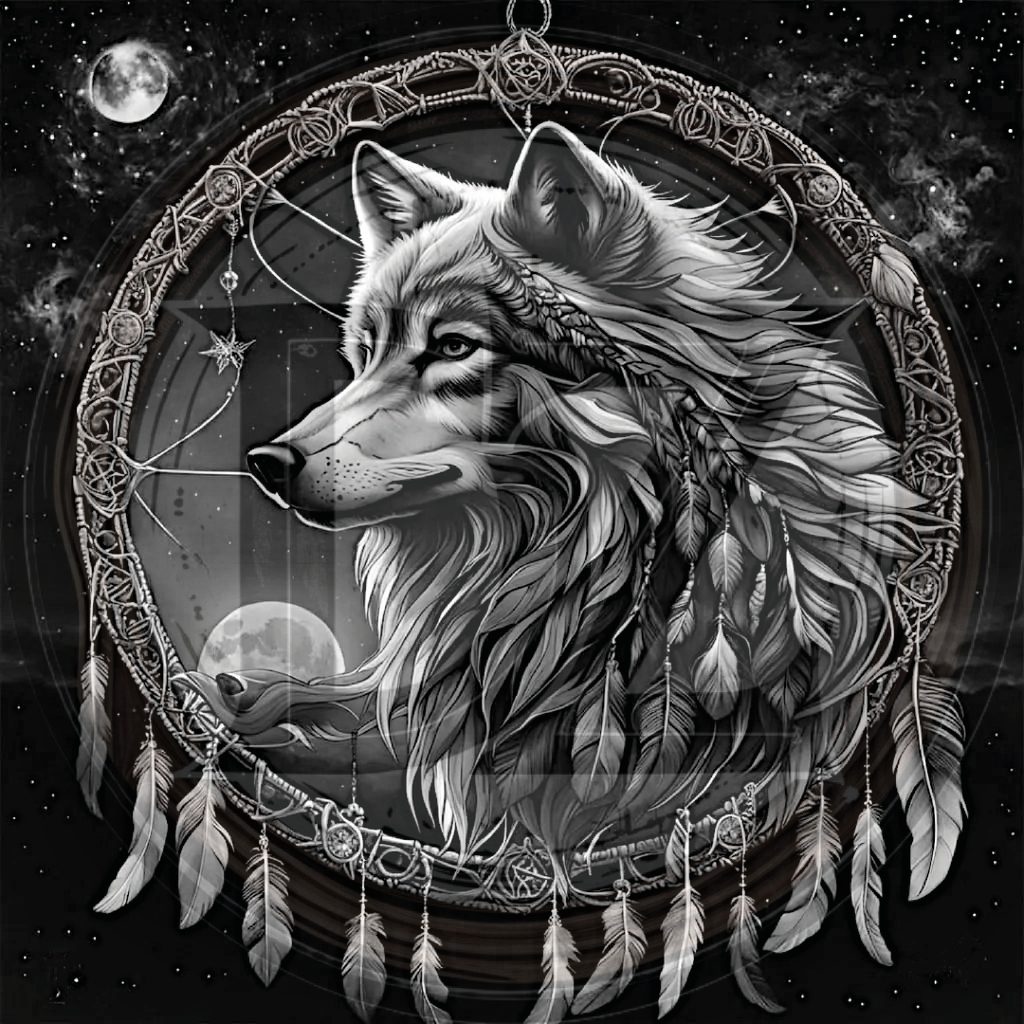 Wolf head with dreamcatcher design against a starry night sky