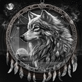 Wolf head with dreamcatcher design against a starry night sky