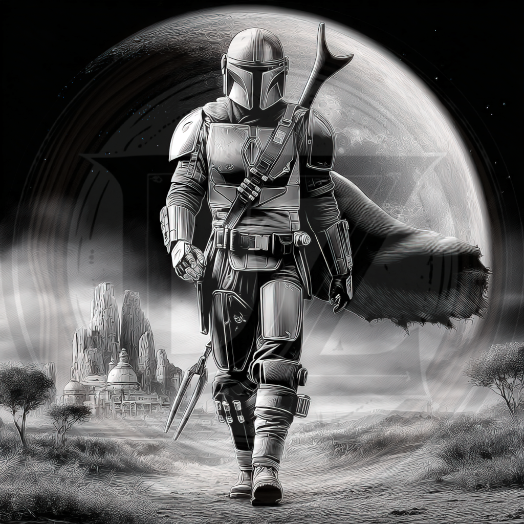 Character in futuristic armor walking on a desert planet with a large moon in the background