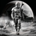 Character in futuristic armor walking on a desert planet with a large moon in the background