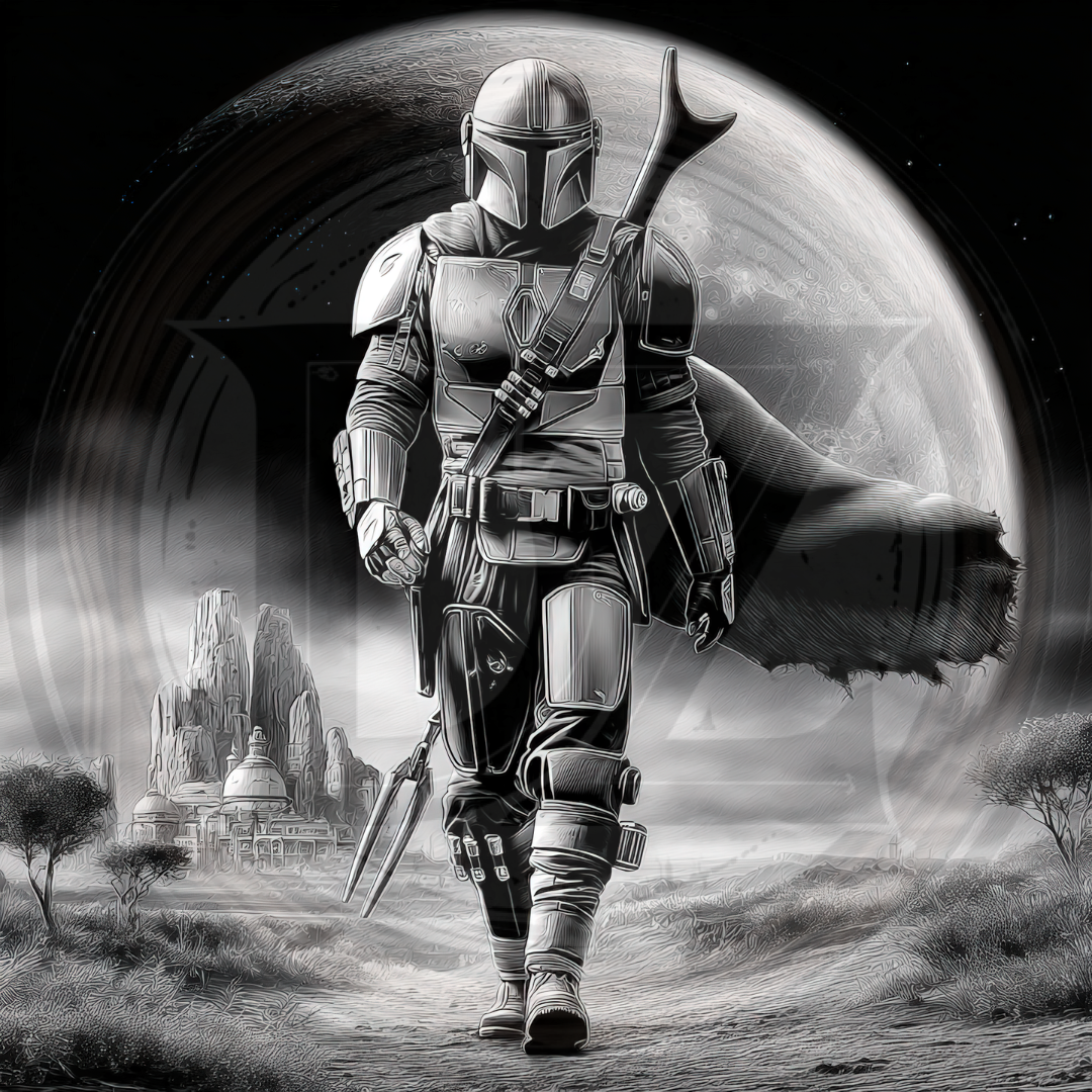 Character in futuristic armor walking on a desert planet with a large moon in the background