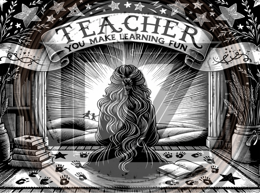 Illustration of a teacher with long hair sitting on a desk, surrounded by books and educational items, with a banner above reading 'Teacher You Make Learning Fun'.