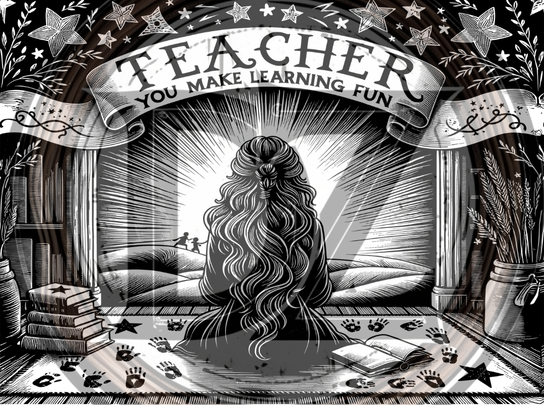 Illustration of a teacher with long hair sitting on a desk, surrounded by books and educational items, with a banner above reading 'Teacher You Make Learning Fun'.