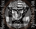 Skull with American flag headband and text 'Home of the Free' and 'We the People' on a black background