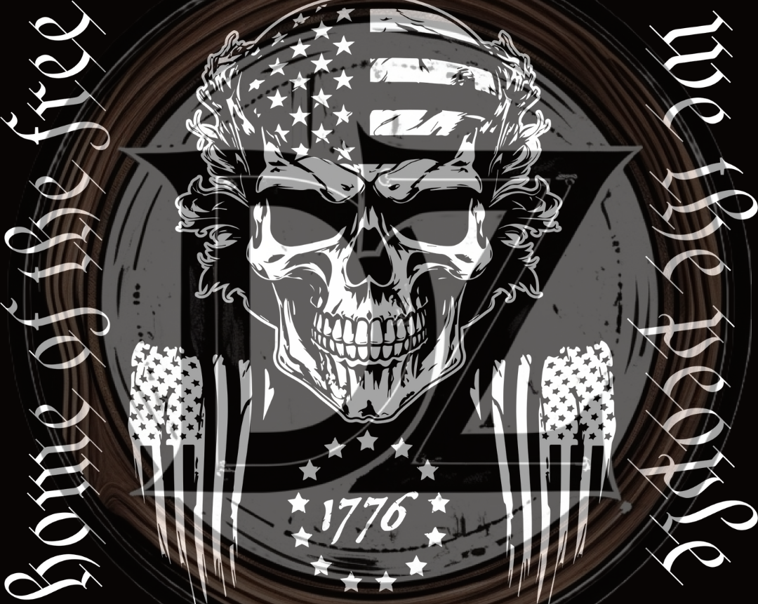 Skull with American flag headband and text 'Home of the Free' and 'We the People' on a black background