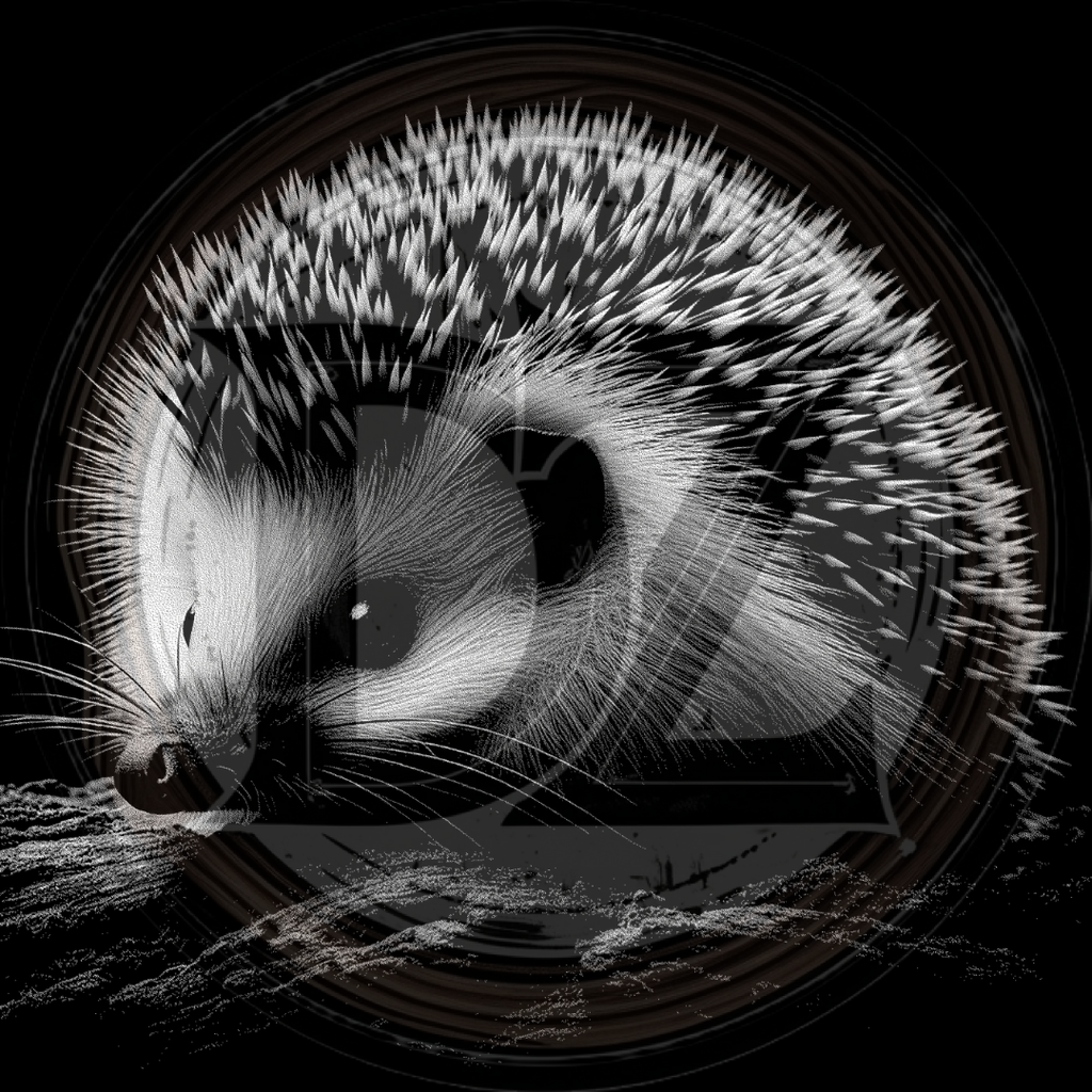 Black and white illustration of a hedgehog with a circular frame.
