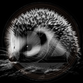 Black and white illustration of a hedgehog with a circular frame.