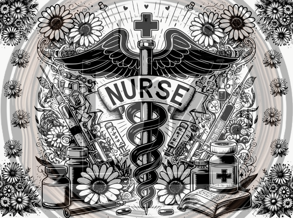 Illustration of a nurse's emblem with medical symbols, flowers, and text.