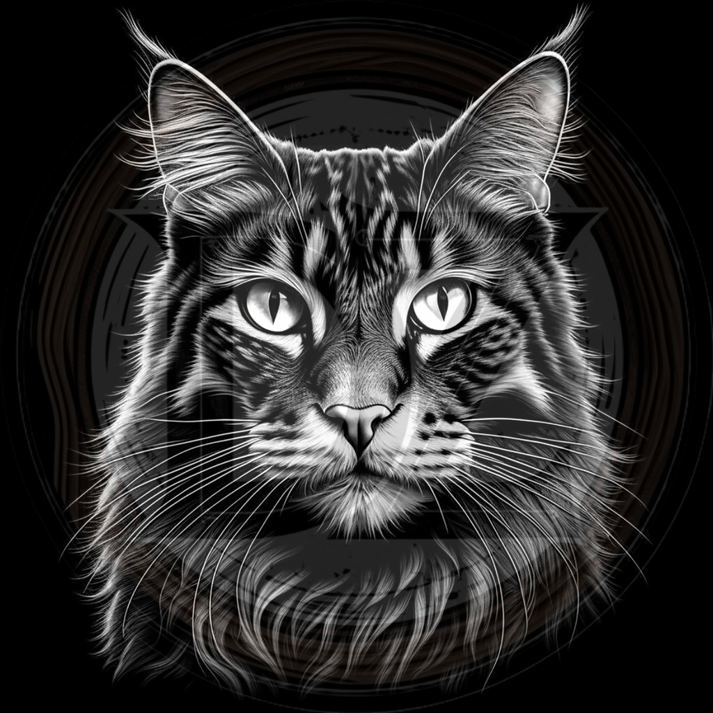 Black and white illustration of a cat's face with a dark background
