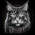 Black and white illustration of a cat's face with a dark background