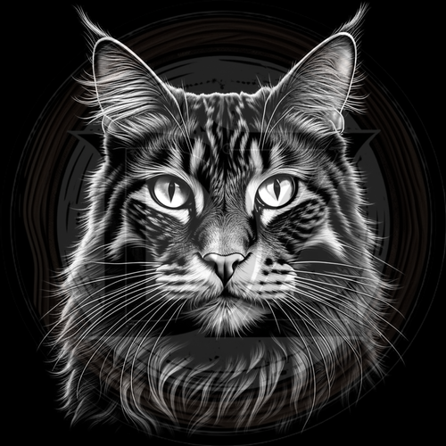 Black and white illustration of a cat's face with a dark background