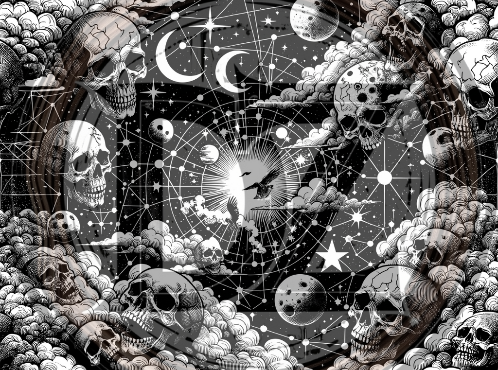 Design with skulls, celestial elements, and geometric patterns.