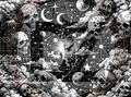 Design with skulls, celestial elements, and geometric patterns.