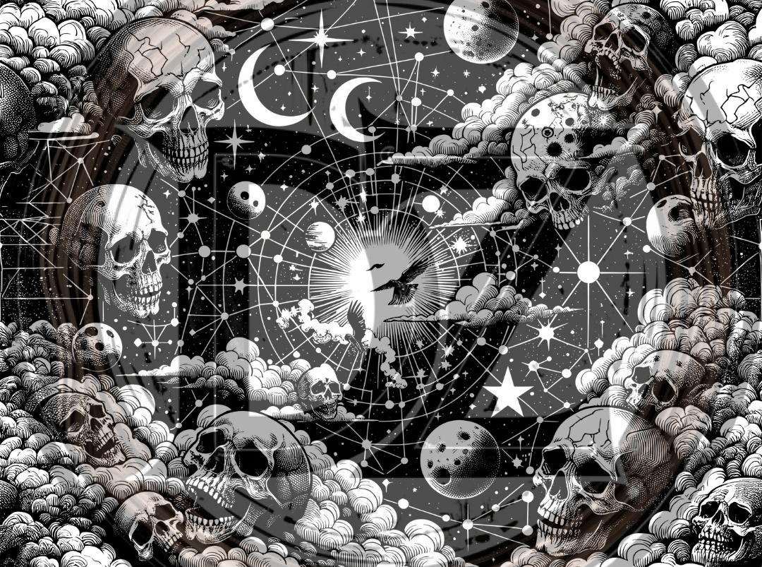 Design with skulls, celestial elements, and geometric patterns.