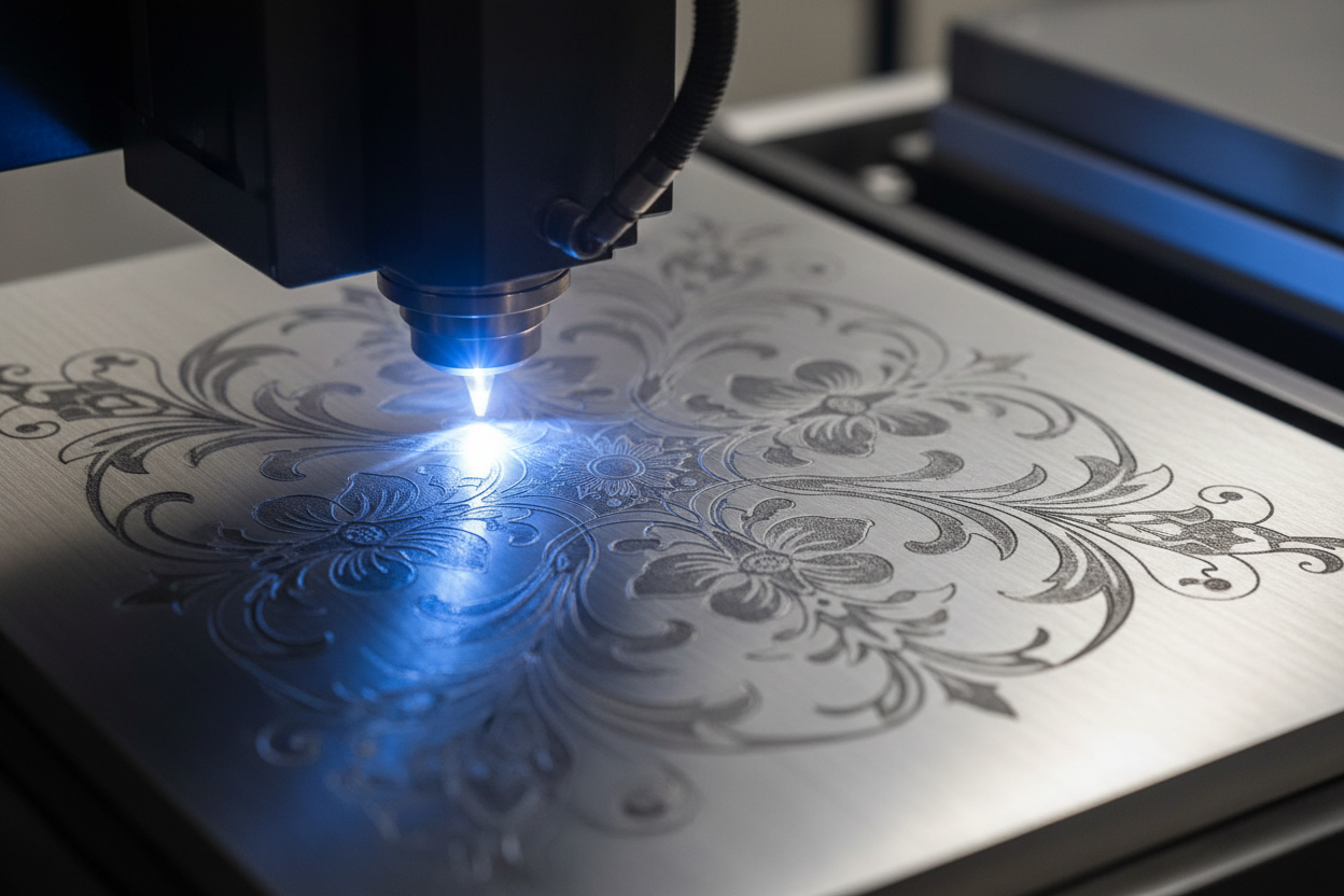 Laser engraving machine creating intricate patterns on a metal surface
